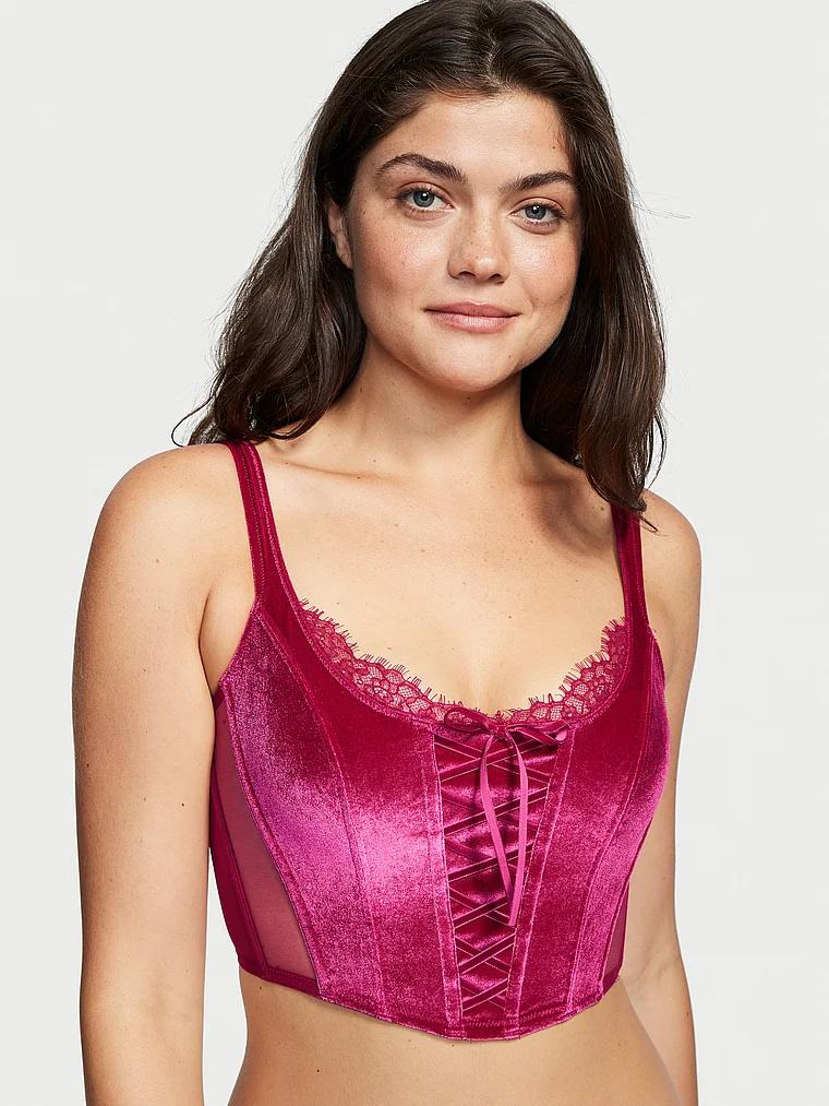 Корсет Victoria's Secret Unlined Lace-Up Corset Top мереживний/оксамитовий S Рожевий - фото 2