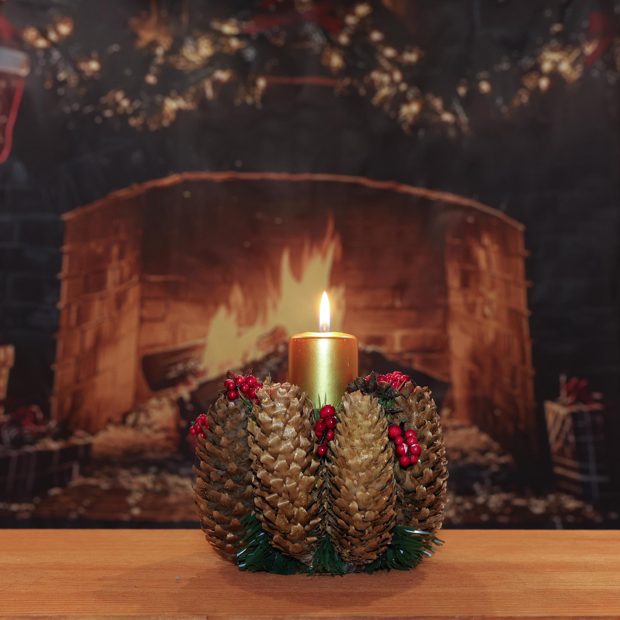 Новогодняя композиция GALA DECOR со свечой золотистой с шишками и ягодами на деревянной основе 15 см (СШ1212) - фото 3 Новогодняя композиция GALA DECOR со свечой золотистой с шишками и ягодами на деревянной основе 15 см (СШ1212) - фото 3