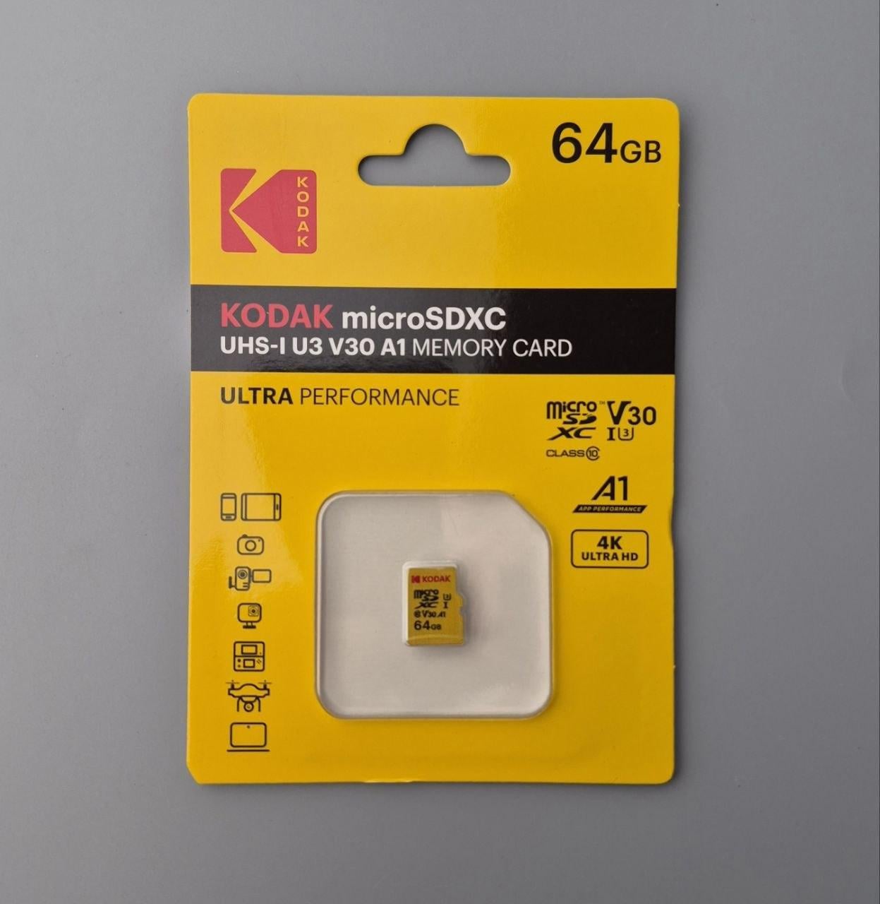 Карточка памяти Micro SD Kodak 64 Gb microSDXC U3 класс 10 V30 до 100 МБ/с карта памяти TF (1643)