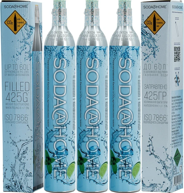 Газовий балон CO2 SODA@HOME для сифонів/апаратів для газування СО2 425 г 3 шт.