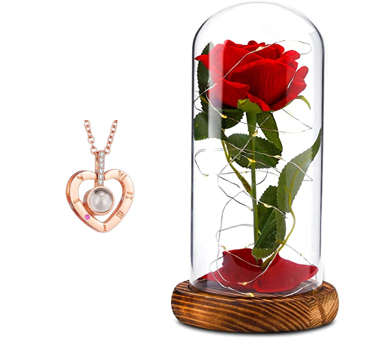 Троянда в колбі з LED підсвічуванням 21 см і кулон