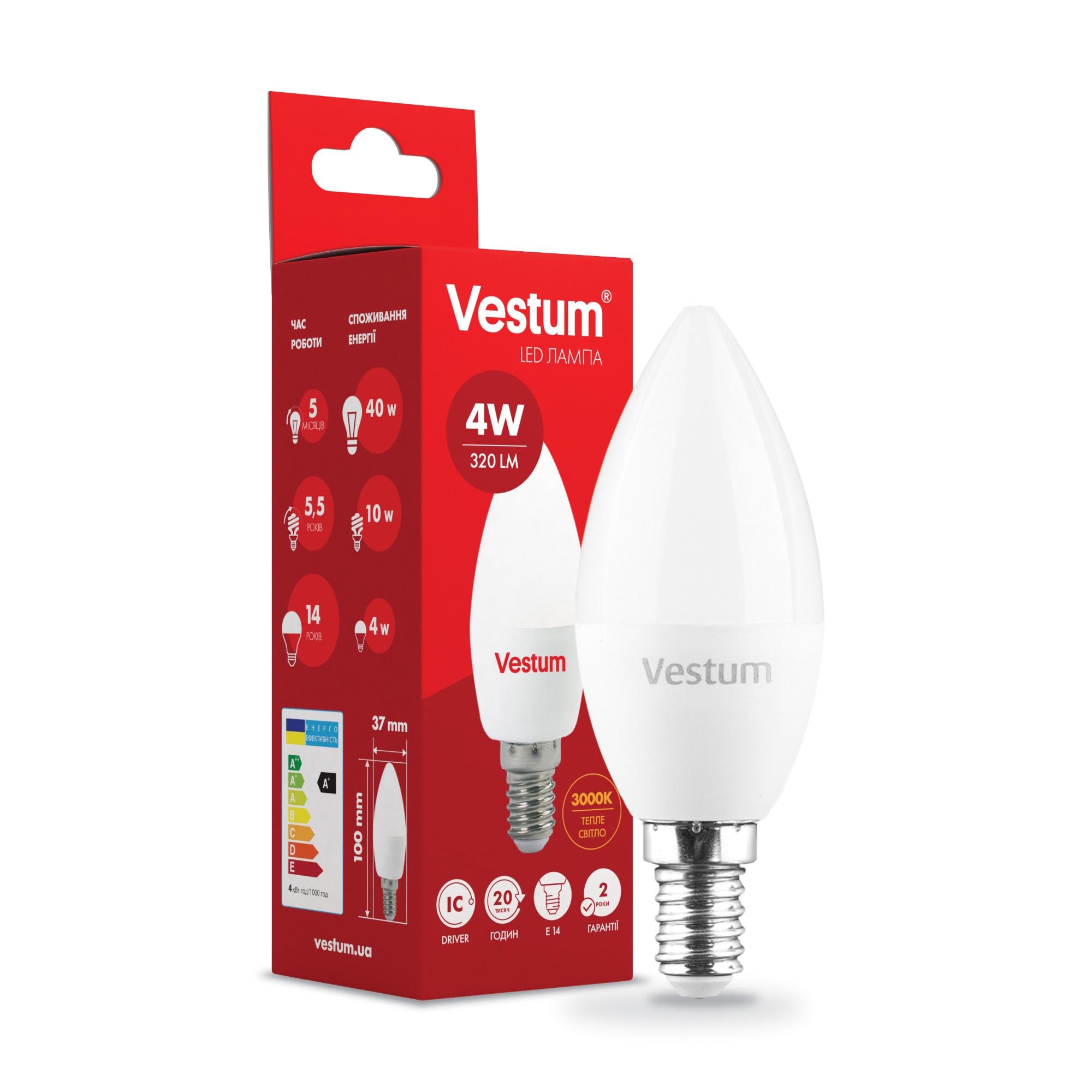 Лампа LED Vestum C37 4 W 3000K 220 V E14
