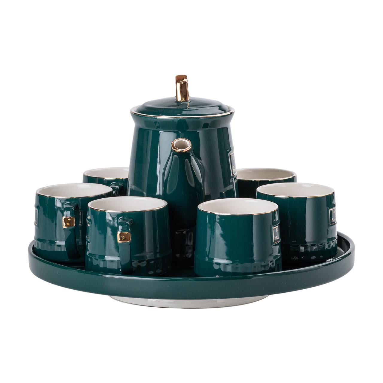 Чайный набор с заварочным чайником и керамической подставкой на 6 персон Зеленый (4990)