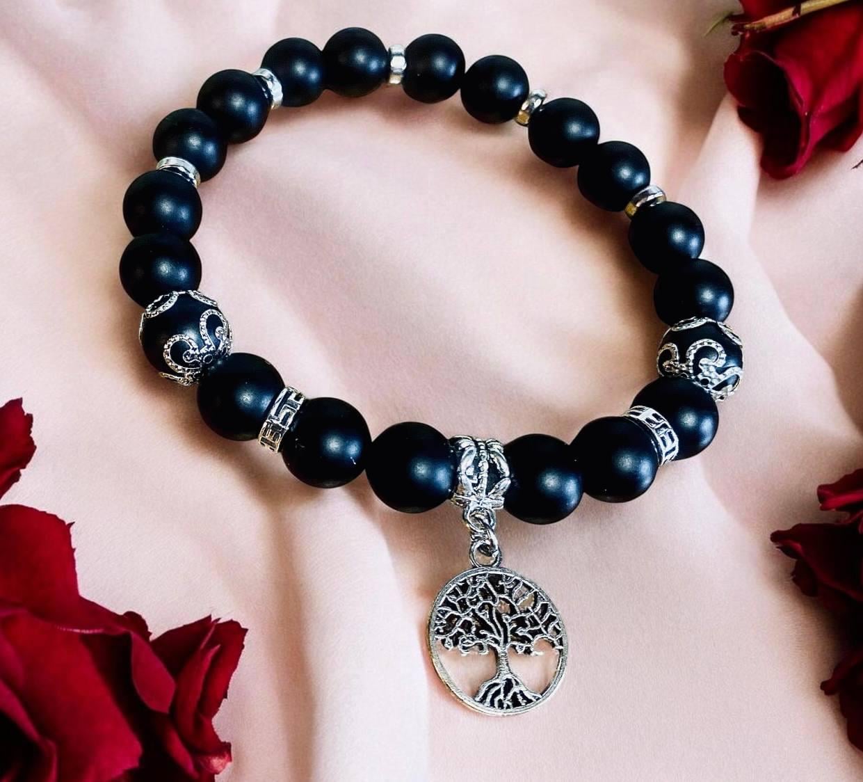 Браслет LITAURS из натурального камня шунгит d 10 мм металлическими вставками и подвеской дерево жизни L 18-21 см (250911-1)