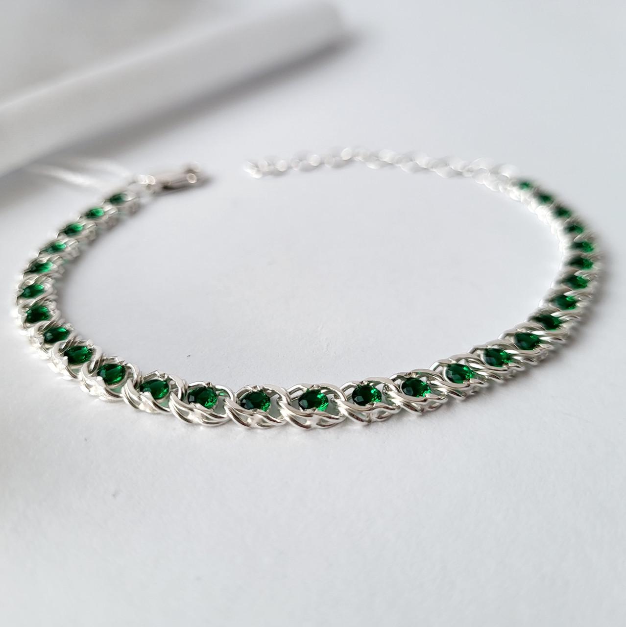 Браслет арабка с зелеными камнями на руку серебро 925 пробы 6,69 г 16,5-19,5 см (6035с)