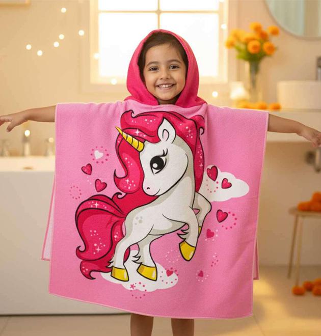Полотенце пончо с капюшоном детское Единорог для девочек 60х120 см Розовый - фото 4