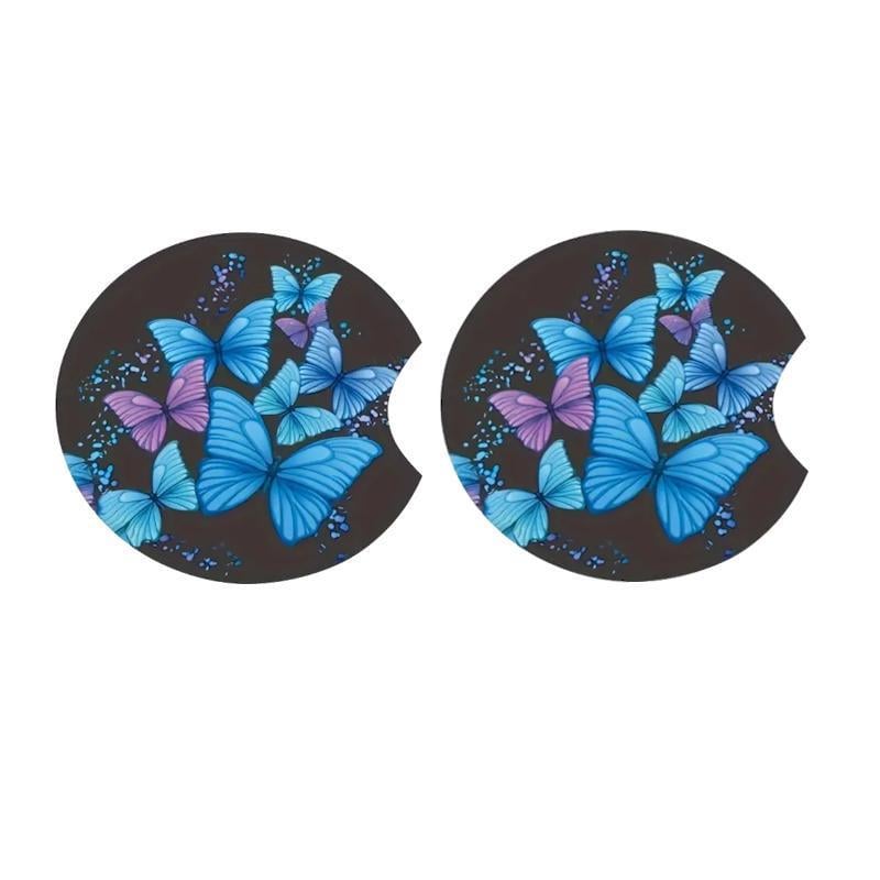 Килимки абсорбуючі в підстаканник для автомобіля Метелик 7 см 2 шт, Чорний з синім
