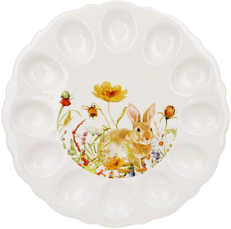 Блюдо керамическое для 12 яиц зайчик в цветах 31 см.