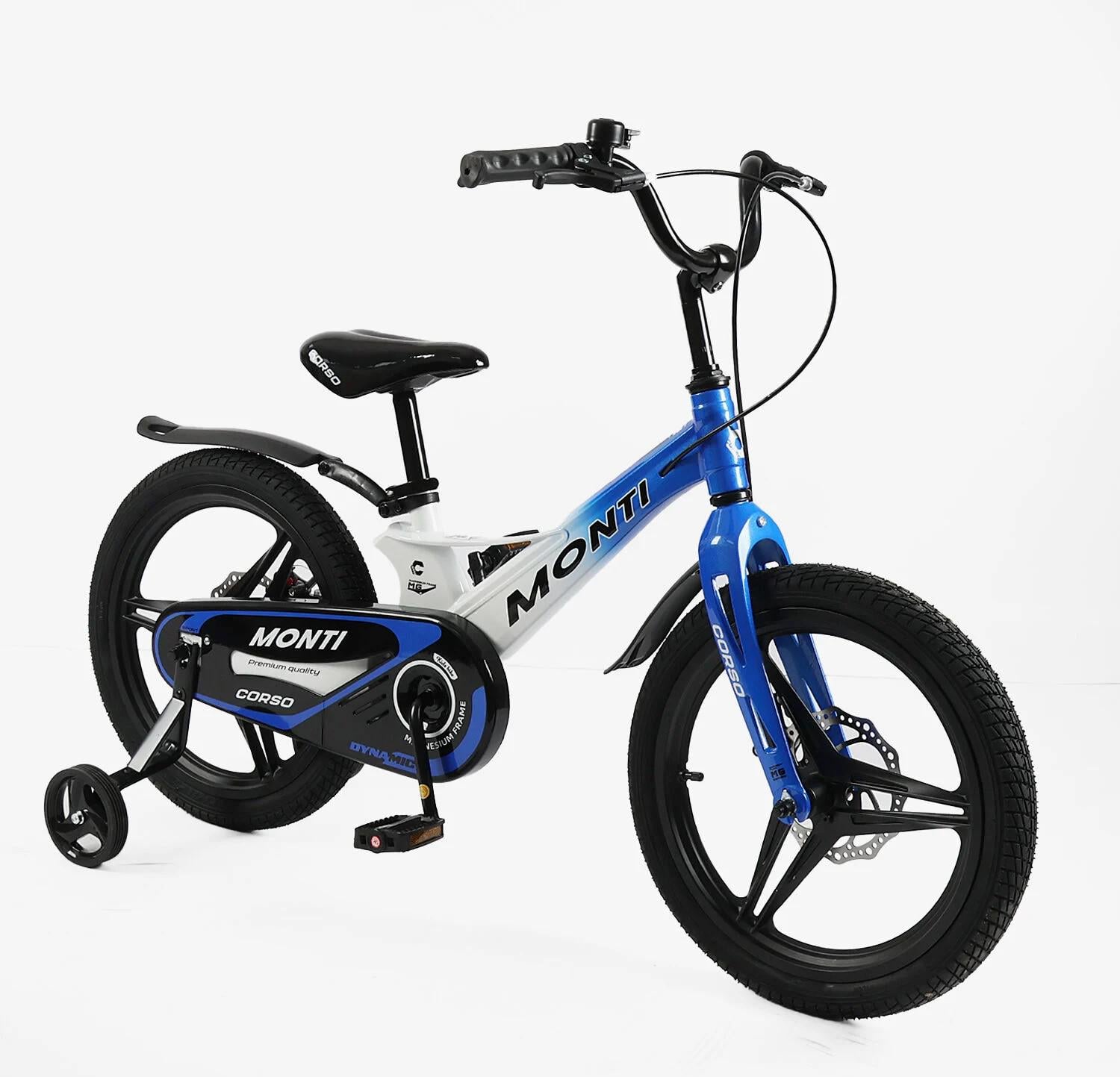 Детский велосипед Corso Magnesium Monti двухколесный 20" с дополнительными колесами Бело-синий (MT-20480)