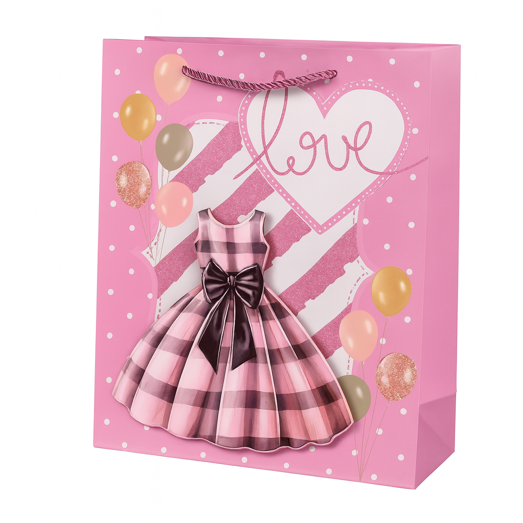 Подарунковий пакет з блискітками для дівчини Stenson Love 3D з принтом плаття 30х41,5х12 см Рожевий