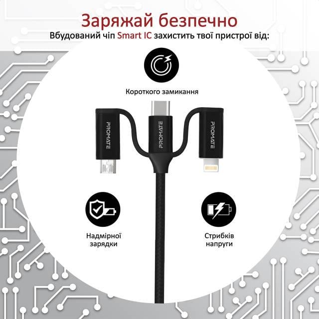 Кабель Promate PentaPower USB-C/USB-А to USB-C/microUSB/Lightning 1,2 м Black - фото 6