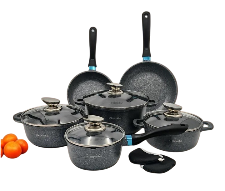 Набір посуду зі скляними термостійкими кришками Kamille КМ-4437 з литого алюмінію із 12-ти предметів Чорний мармур (150-84-4437)