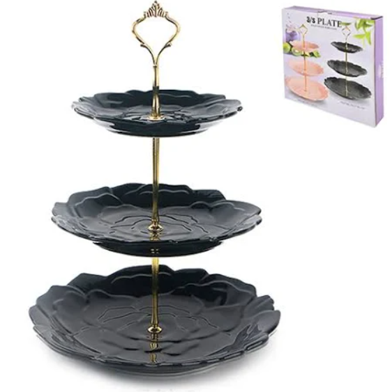 Фруктовница трехярусная Stenson 466994 фарфоровая 6"/8"/10,5" 15/20/27 см Black flower (NA005211)