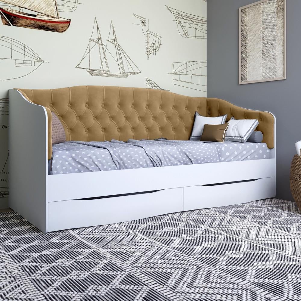 Кровать детская односпальная Lion Л-9 с мягкой спинкой и выдвижными ящиками 190x90 см. Нимфея Альба белый/Лили-02 (Lion-041480)