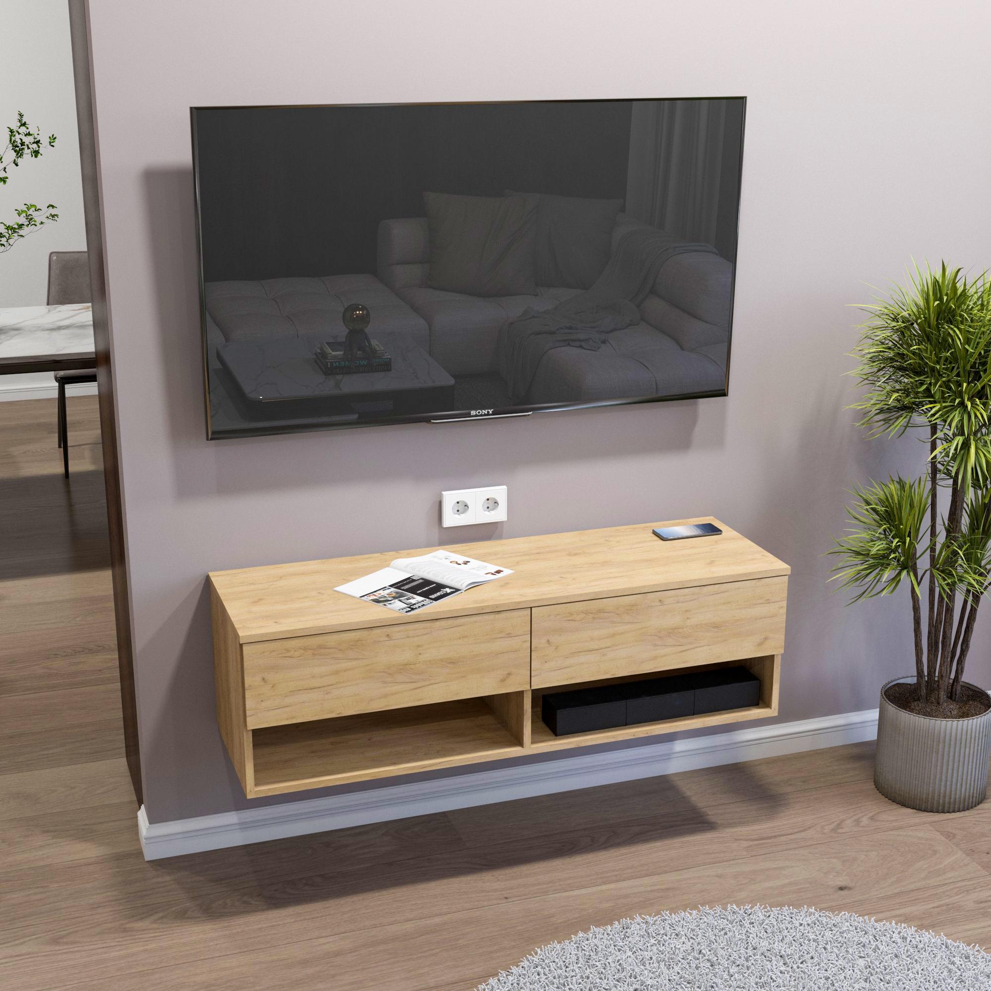 Тумба под телевизор навесная FH-Istad с ящиками и открытыми полками 1200х360х380 мм Дуб Крафт Золотой Тумба под телевизор навесная FH-Istad с ящиками и открытыми полками 1200х360х380 мм Дуб Крафт Золотой