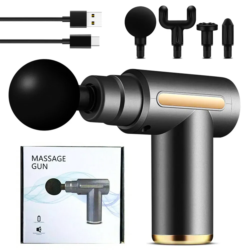 Массажер для тела ручной с 4 насадками и USB Gun Massager Серый (23457343303)