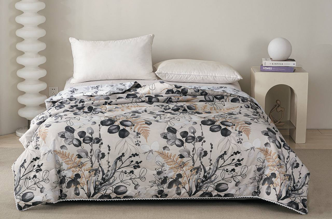 Ковдра в стилі романсу у листочок 200х230 см Сірий із зеленим