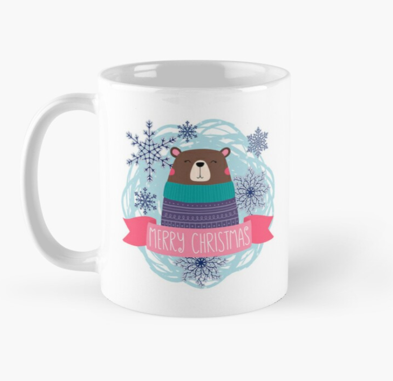 Чашка керамічна з принтом Merry Christmas Різдво Ведмедик та Сніжинки 330 мл Білий