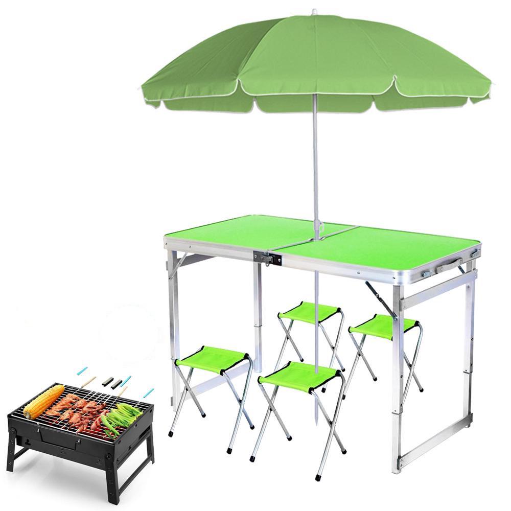 Туристичний стіл і 4 стільці з парасолькою + Мангал Зелений