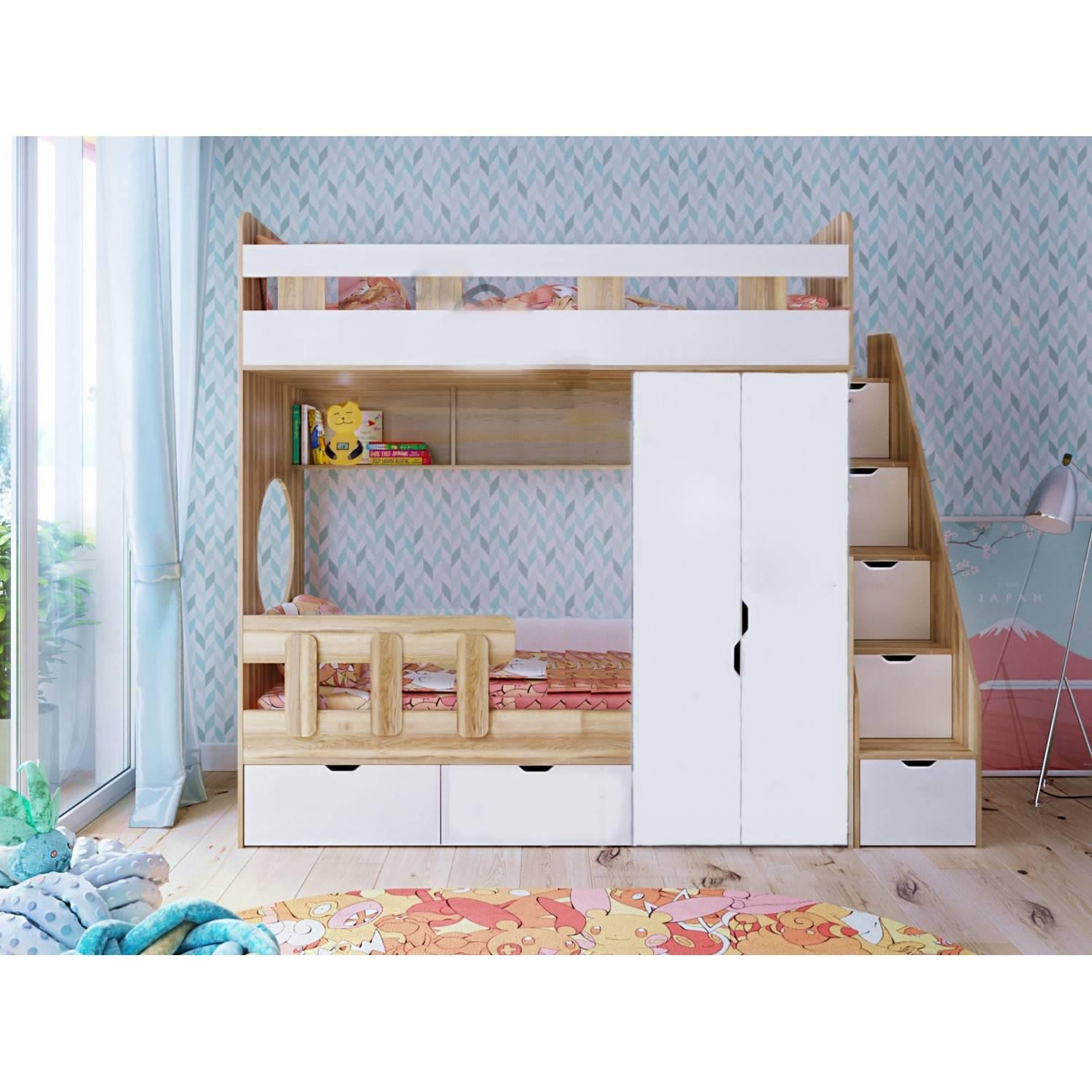 Кровать детская двухъярусная со шкафом и полками D29.5 80х190 см (100043)