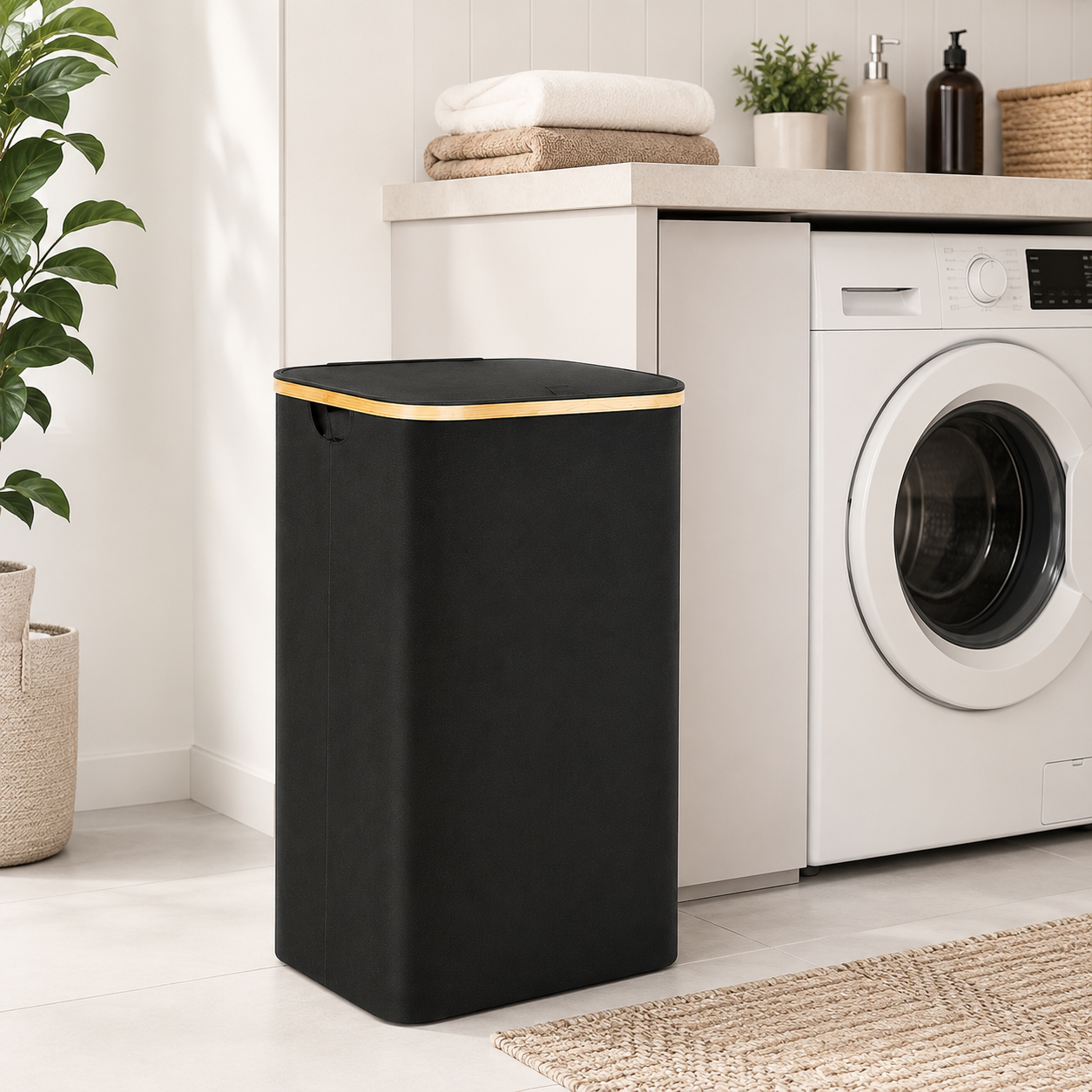 Корзина для белья складная с крышкой и съемным мешком тканевая 110 л Черная (115-BLACK)