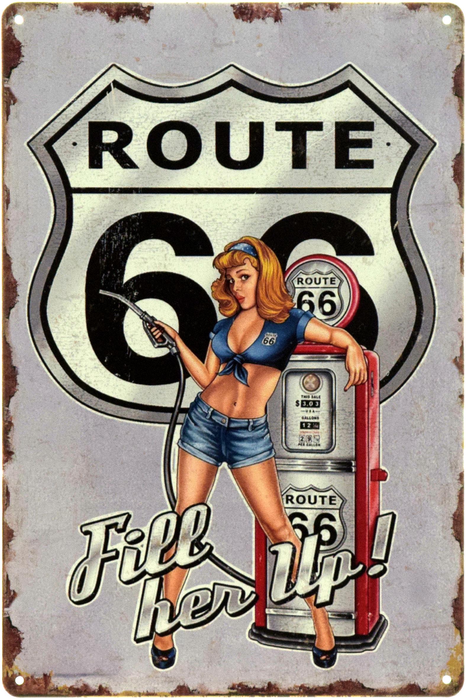 Табличка металлическая "Route 66: Fill Her Up Pin Up" 20x30 см (ms-104532)