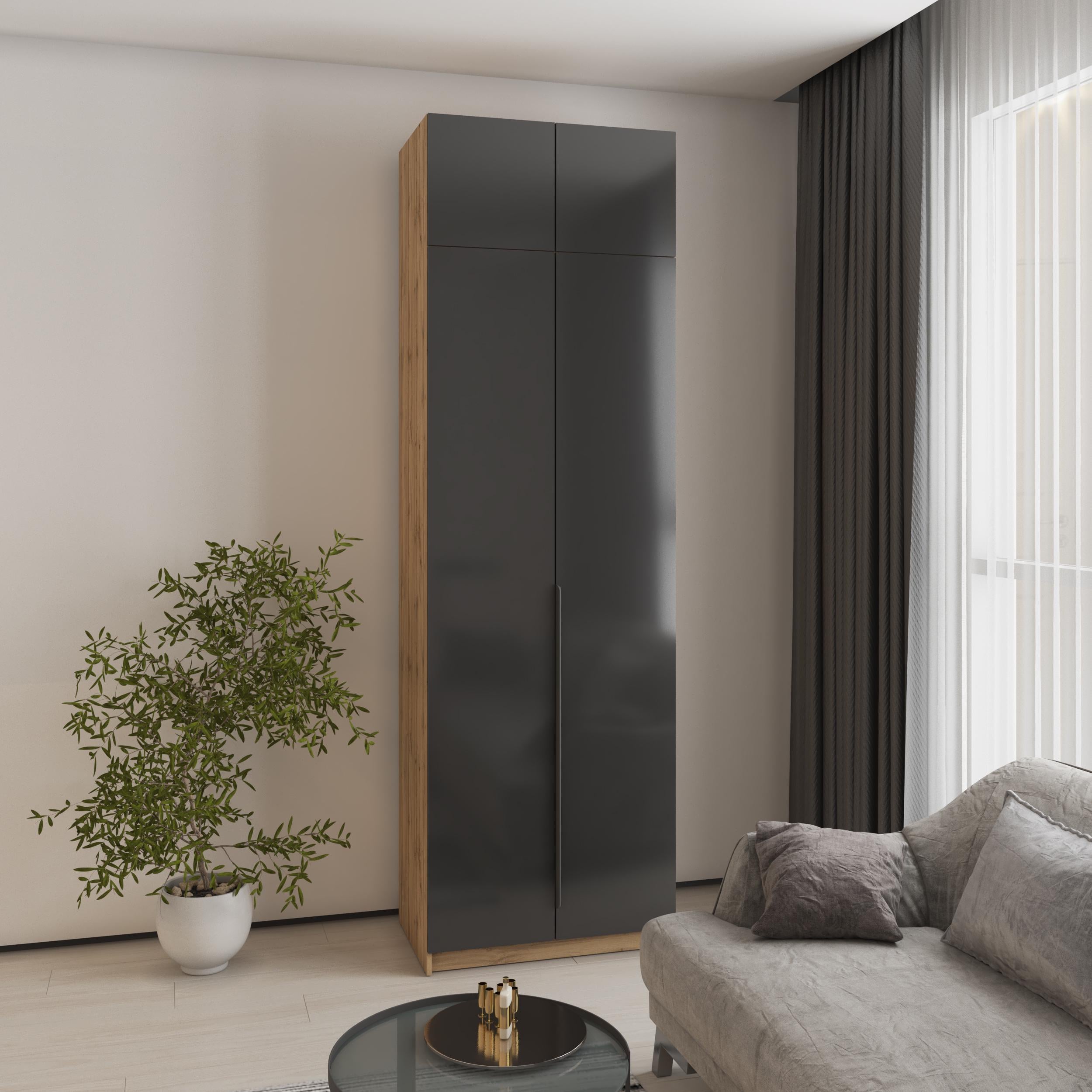 Шкаф 2-дверный с антресолью MebelStar Оскар Gloss BL-B стандарт 80x52x260 см Дуб тахо/Черный (MBS-5353)