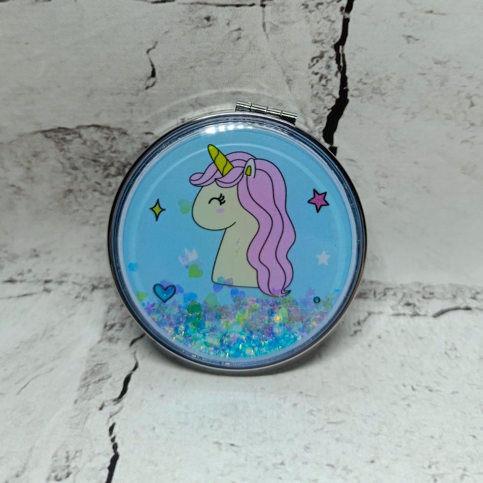 Зеркало карманное косметическое Единорог жидкие блестки 7х7 см (А20-5)