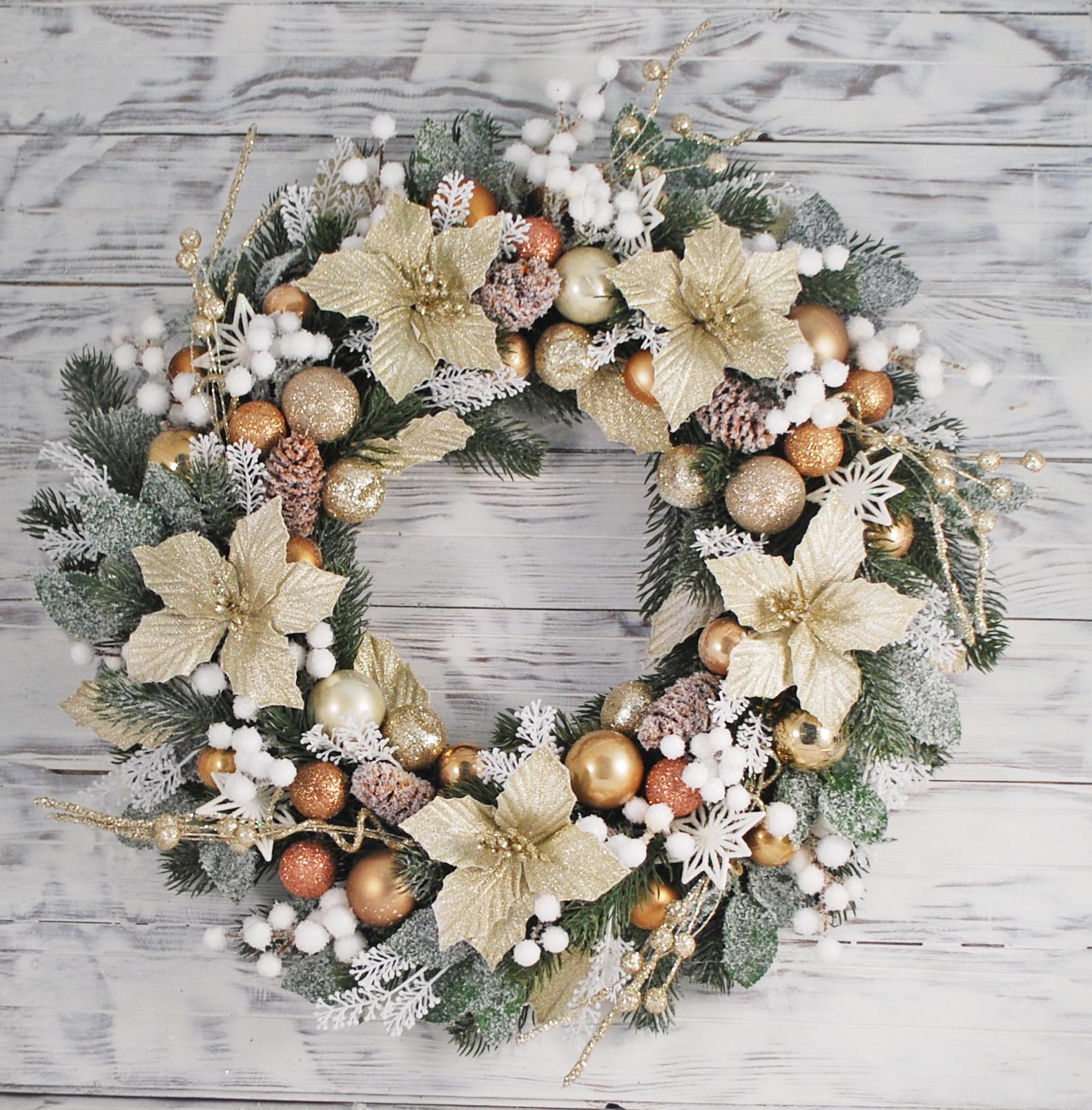 Венок новогодний 43 см Золотистый/Белый/Бронзовый (4781055)