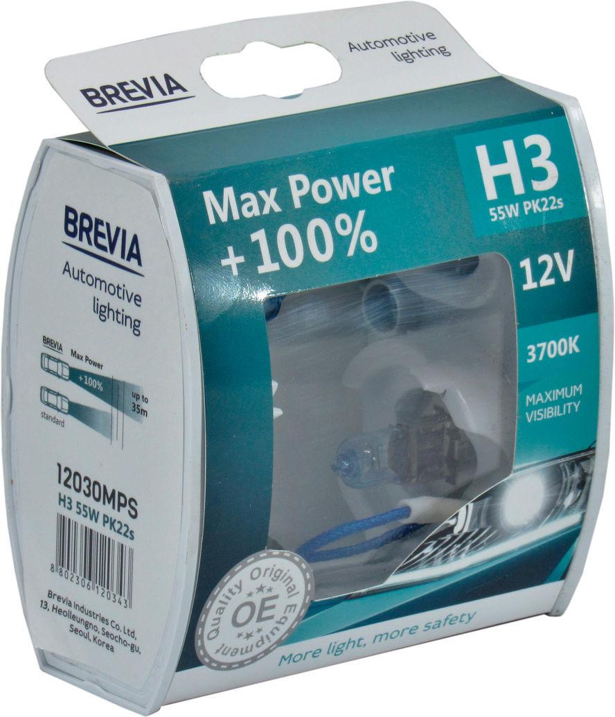Лампочка галогенная Brevia H3 PK22s 12V-55 Вт +100 Max Power 12030MPS 12V-H3 PK22s 2 шт.