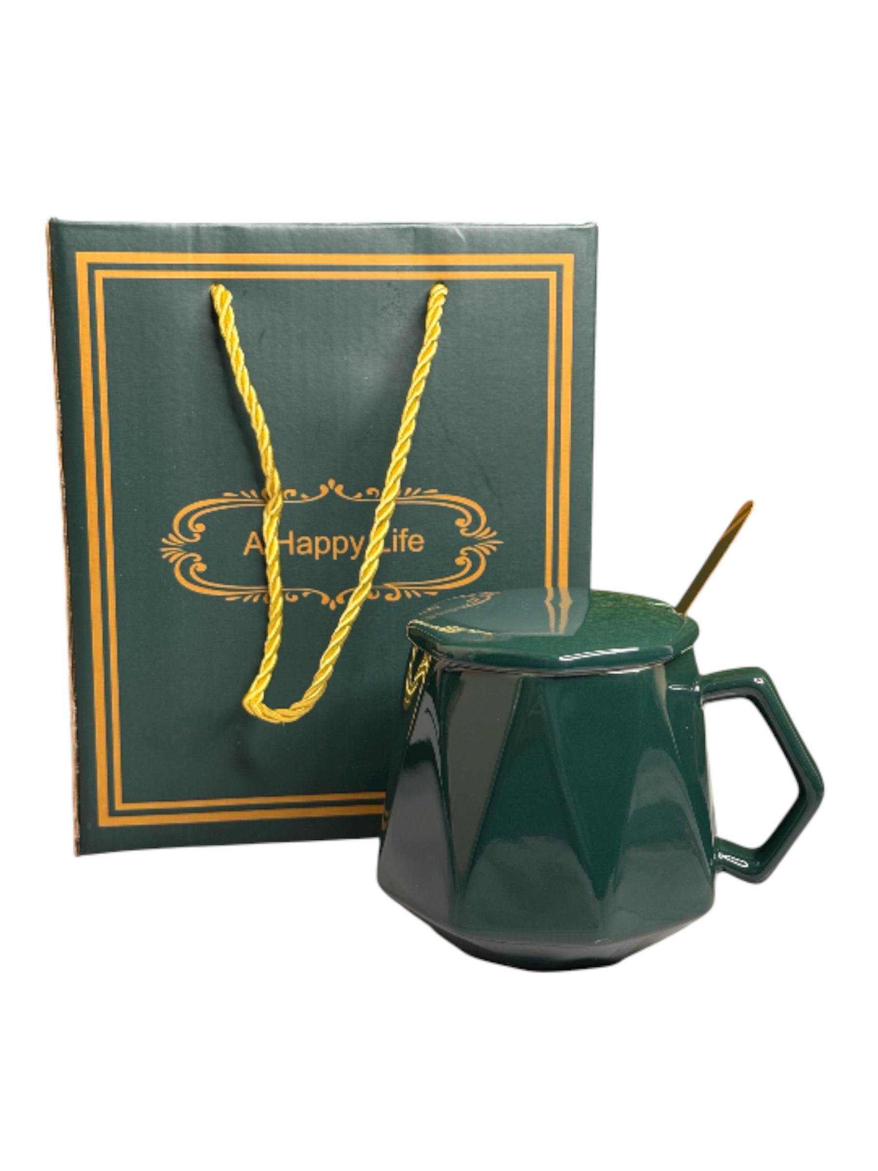 Чашка lk-887 з кришечкою і ложкою 400 мл Зелений (30066981)