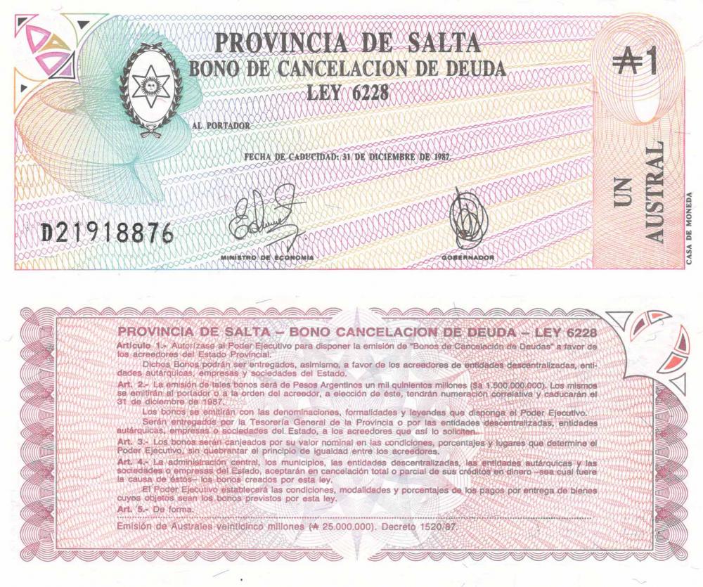 Колекційна банкнота Аргентина 1 аустраль 1987 UNC провінція Сальта S2612e (Б08795)