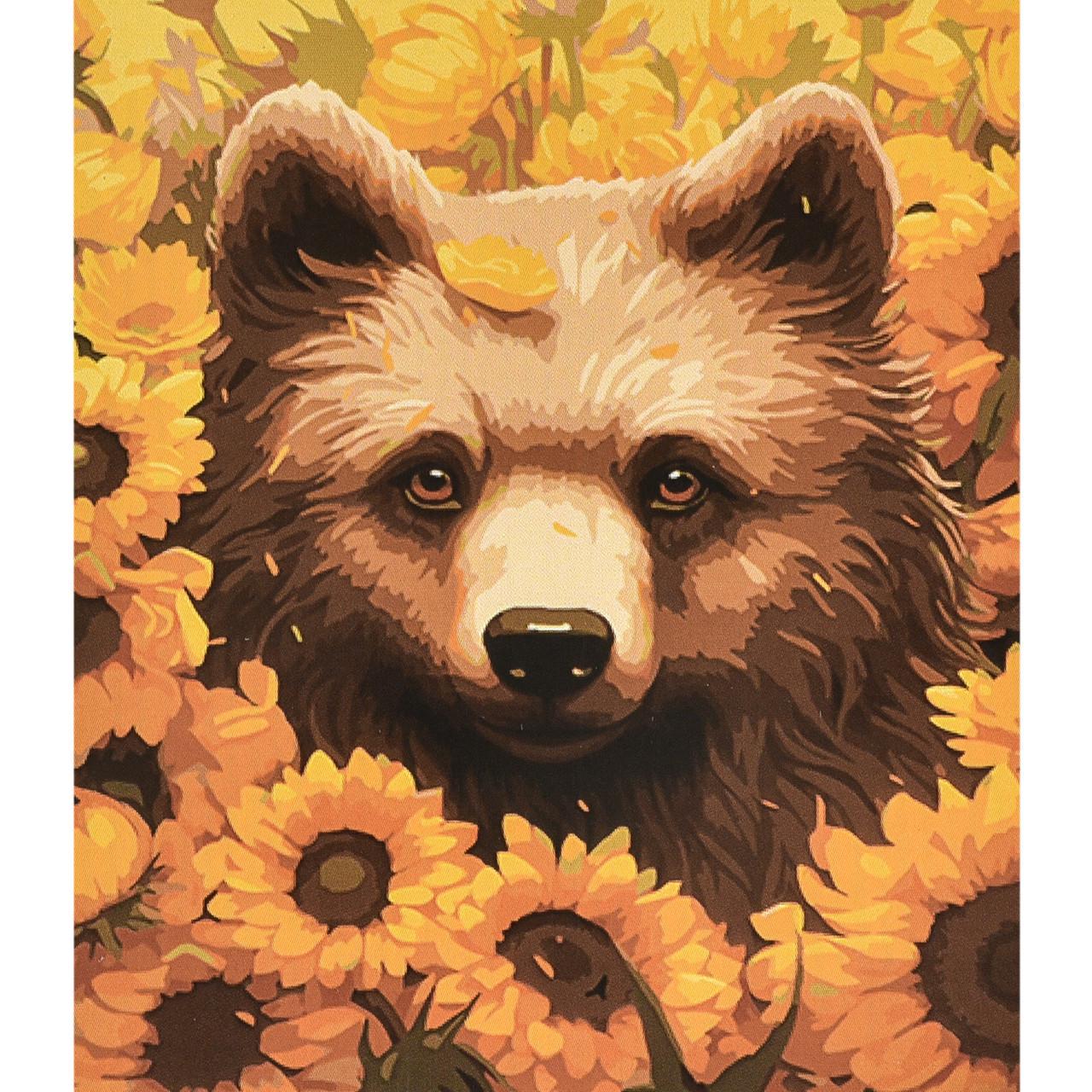 Картина по номерам Strateg Премиум Медведь среди подсолнечников с лаком и уровнем 40х50 см (VA-4666)
