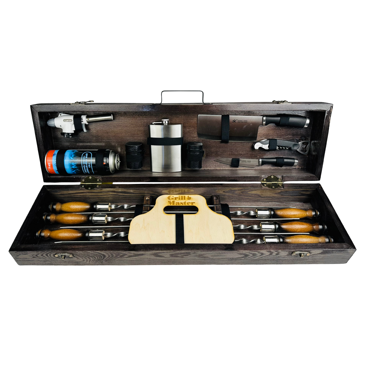 Подарунковий набір шампурів Кемпінг у дерев'яному кейсі з нержавіючої сталі з аксесуарами