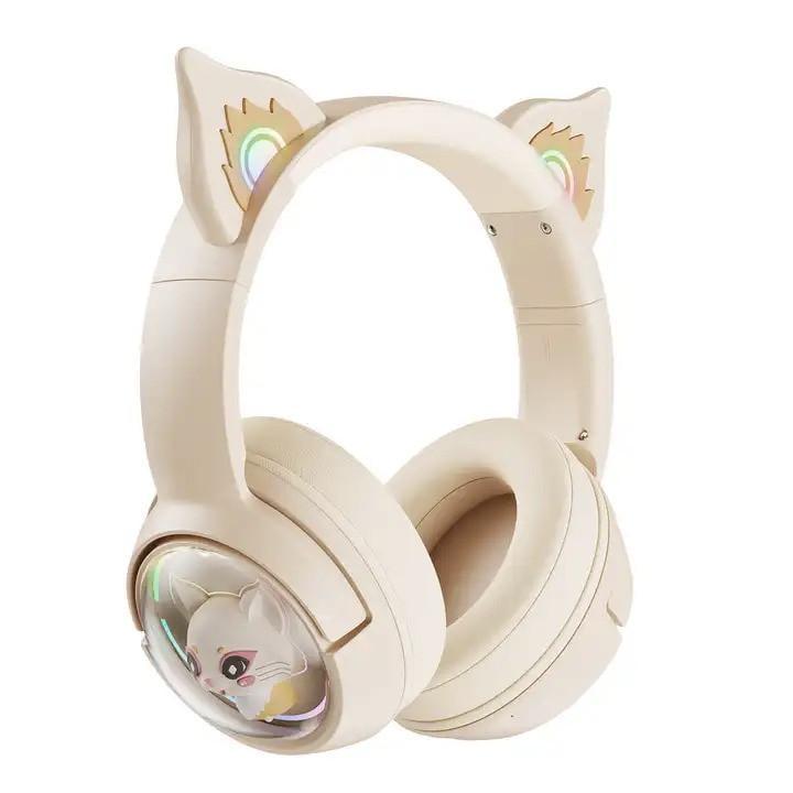 Наушники игровые беспроводные с ушками Onikuma B5 Bluetooth с микрофоном и RGB подсветкой Beige (19239)