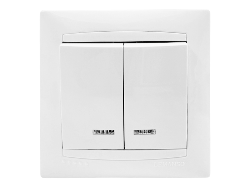 Выключатель 2-клавишный Lemanso Сакура с подсветкой LED Белый (LMR1007) Выключатель 2-клавишный Lemanso Сакура с подсветкой LED Белый (LMR1007)