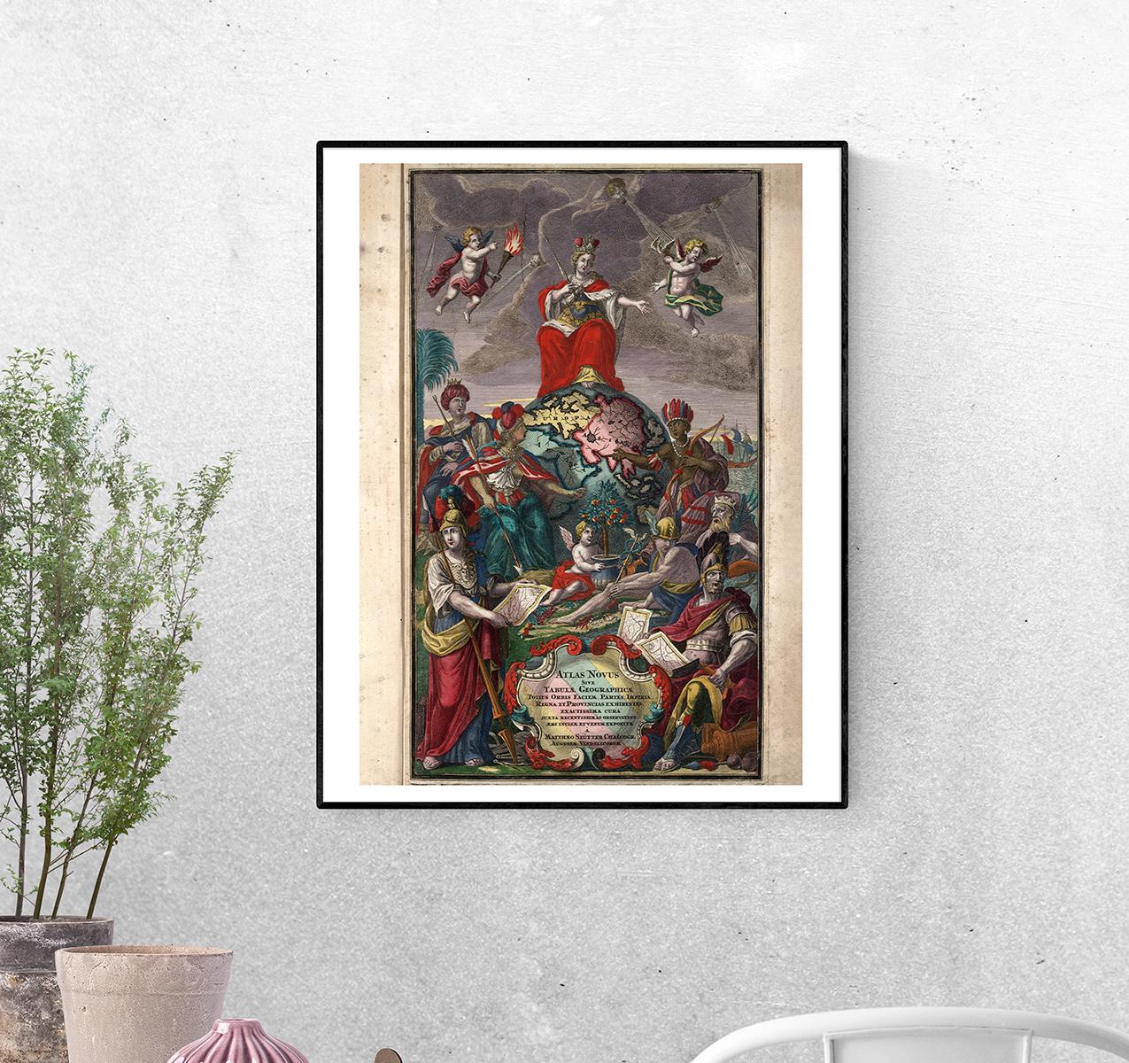 Постер Атлас Новус Мировой Атлас 1728 г Европа сидящая на вершине земного шара с Америкой Азией и Африкой формат А-4 (OLD_MAP_Poster)_11_Poster)