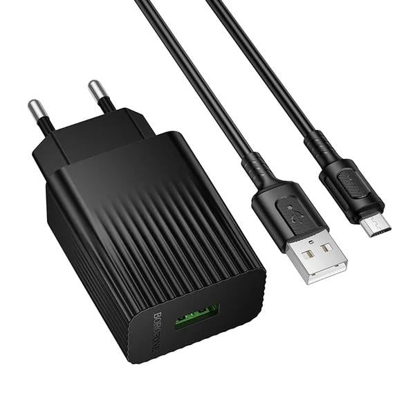 Зарядний пристрій мережевий Borofone BAS72A Source 18W USB-A з кабелем MicroUSB 1 м Black (6941991122651)