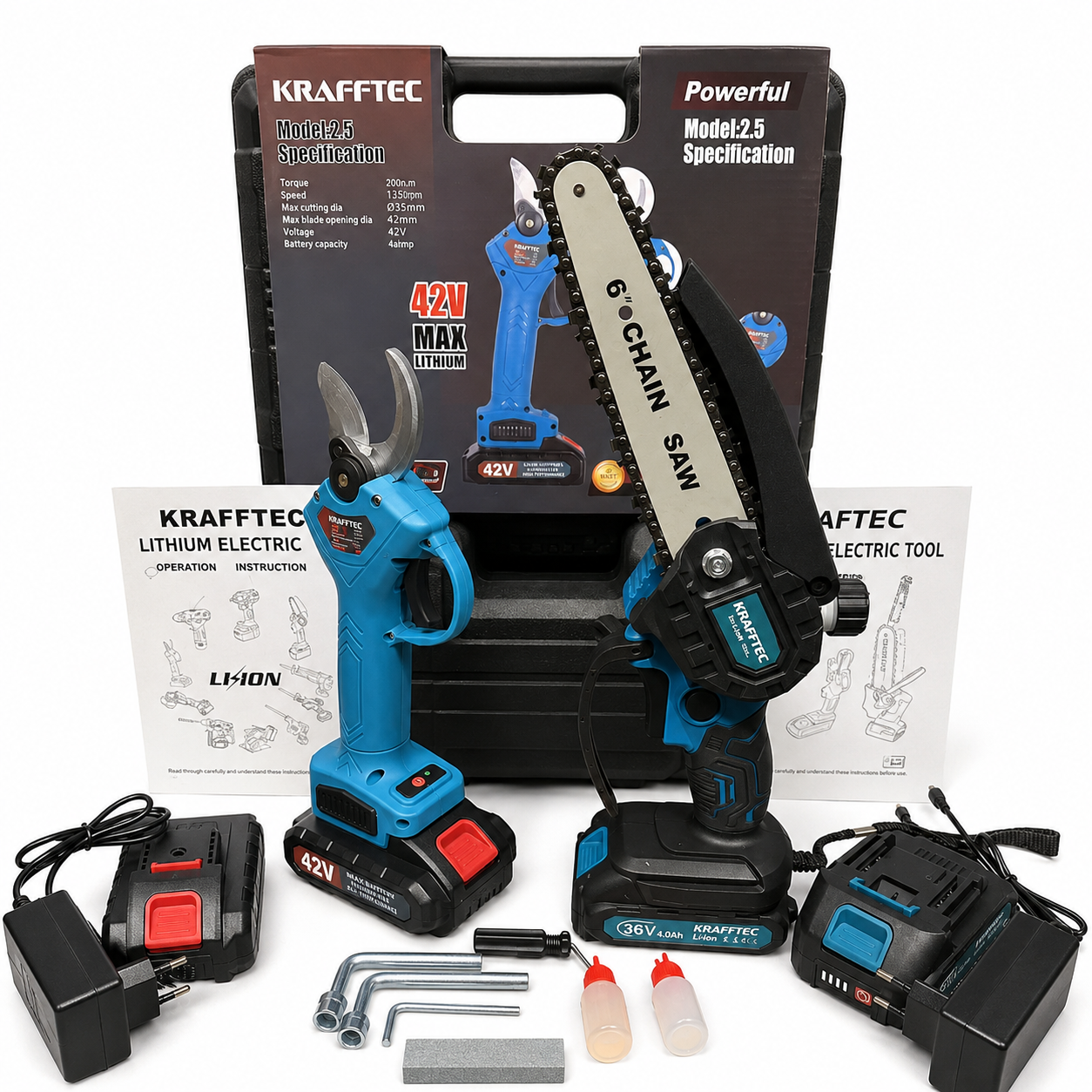 Набор аккумуляторных инструментов Krafftec с секатором DCMPP550P1 42 В и минипилой DCM160N 36 В (54567)