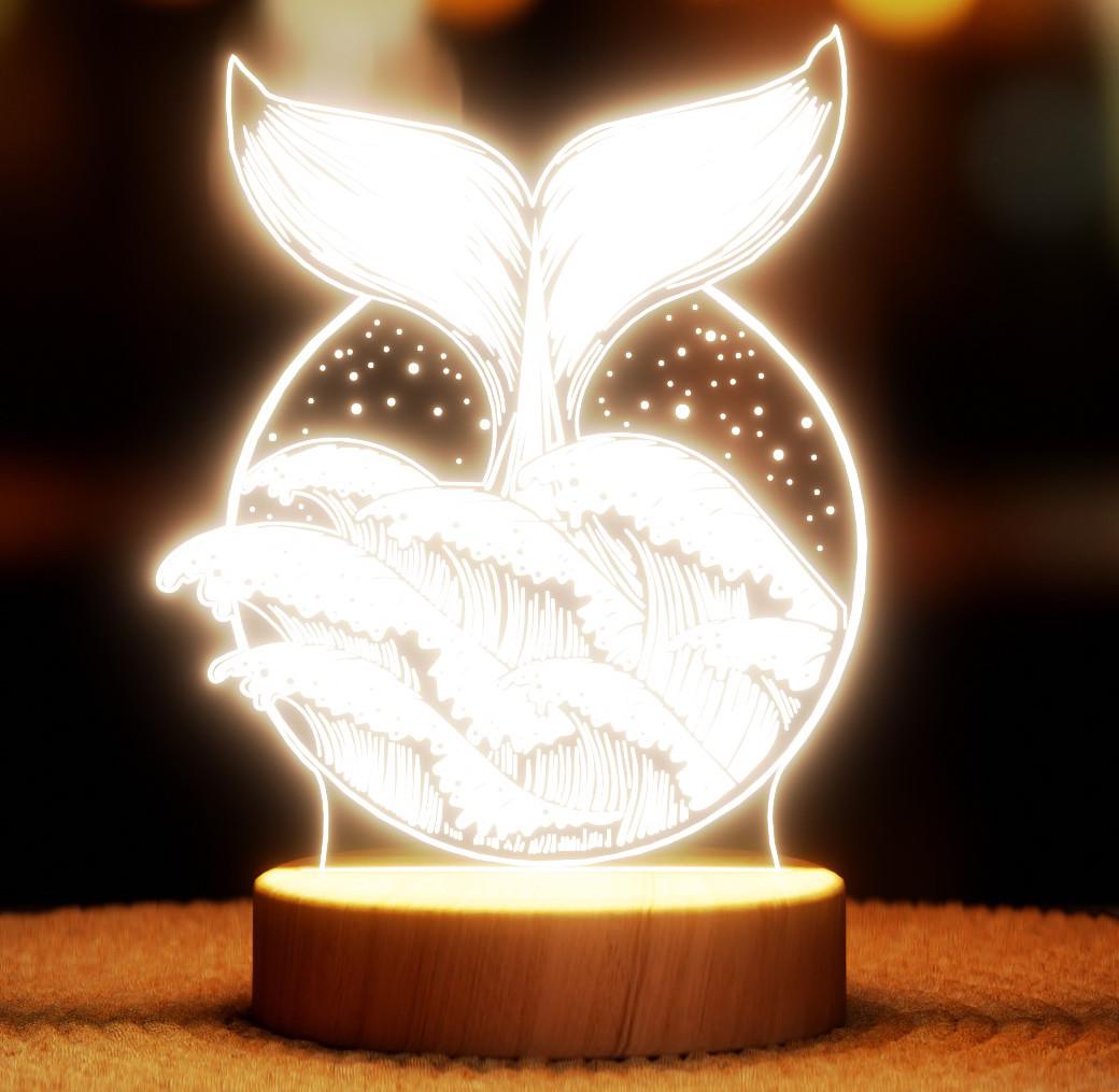 Ночник-светильник Lampic Кит и волны USB дерево/акрил 15х21 см Желтый (32377422)