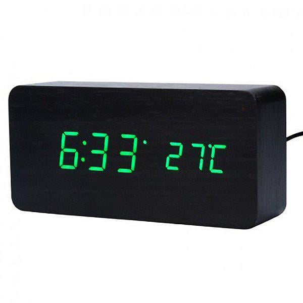 Часы LED сетевые Wooden Clock VST-862 Черный с зеленой подсветкой