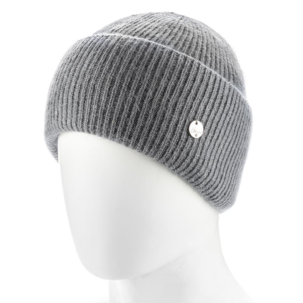 Шапка женская ангоровая зимняя Atrics WH894 в мелкий рубчик с двойным отворотом утепленная флисом Графитовый - фото 1