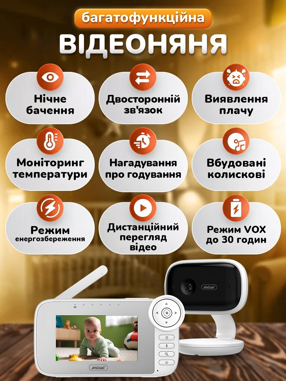 Відеоняня бездротова радіоняня з двостороннім зв'язком Andowl Q-A009X1 4,5" Білий (1987af99) - фото 3