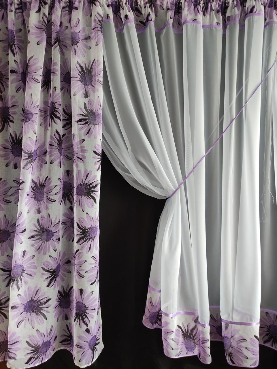 Комплект на кухонное окно Ромашка шифон и батист с цветами 290х190 см Белый/Сирень (ромашка-02) - фото 4 Комплект на кухонное окно Ромашка шифон и батист с цветами 290х190 см Белый/Сирень (ромашка-02) - фото 4