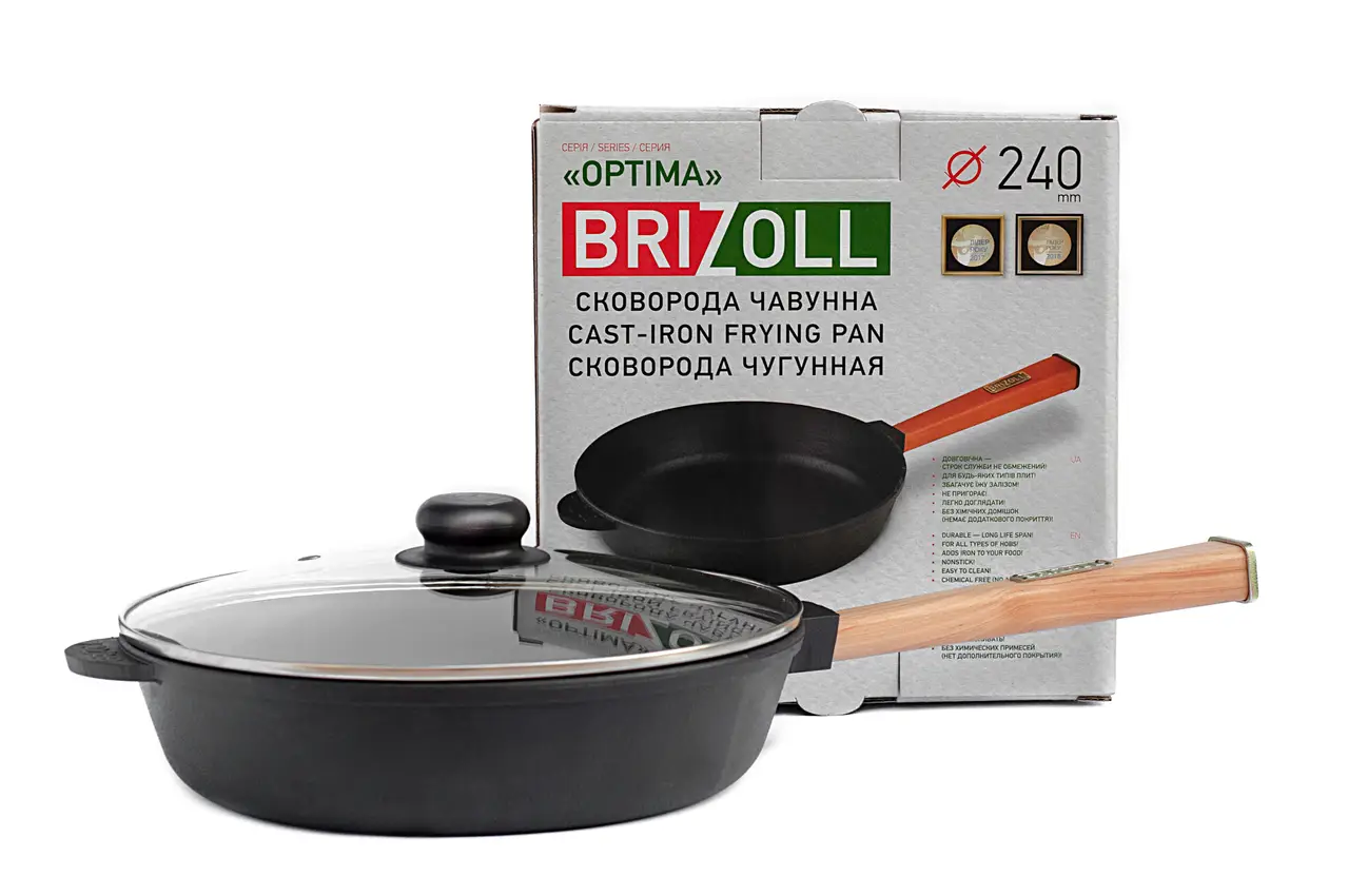 Сковорода чавунна зi скляною кришкою Brizoll Optima 240х61,5 мм (89-90-O2460-P-C)