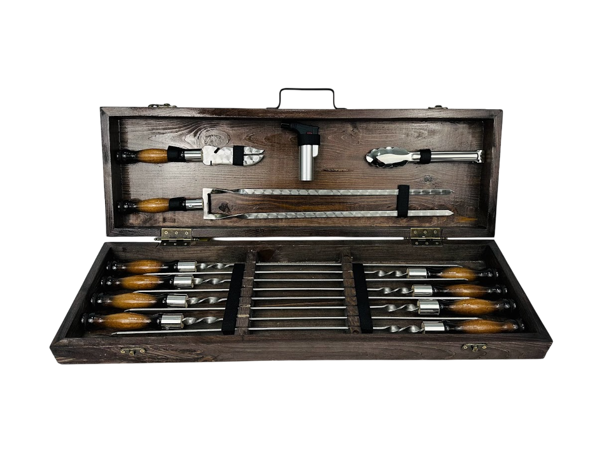 Набор шампуров ручной работы Премиум-2 с аксессуарами 12 предметов в кейсе 74х24х10 см Коричневый (124-10-KS-7615)