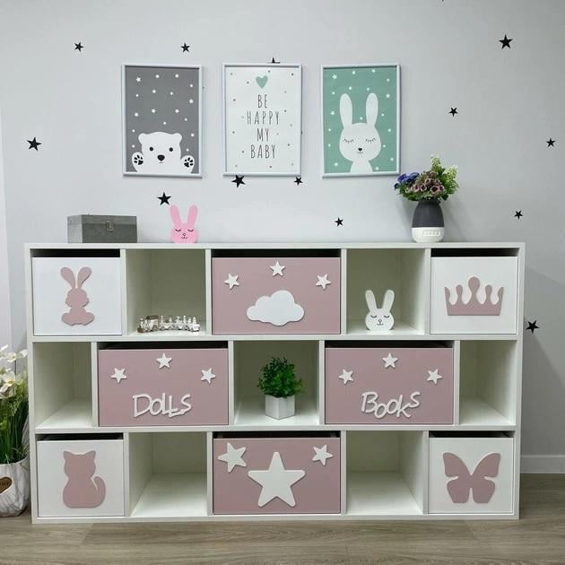 Стеллаж для игрушек 8 ящиков 15 ячеек Белый с розовым