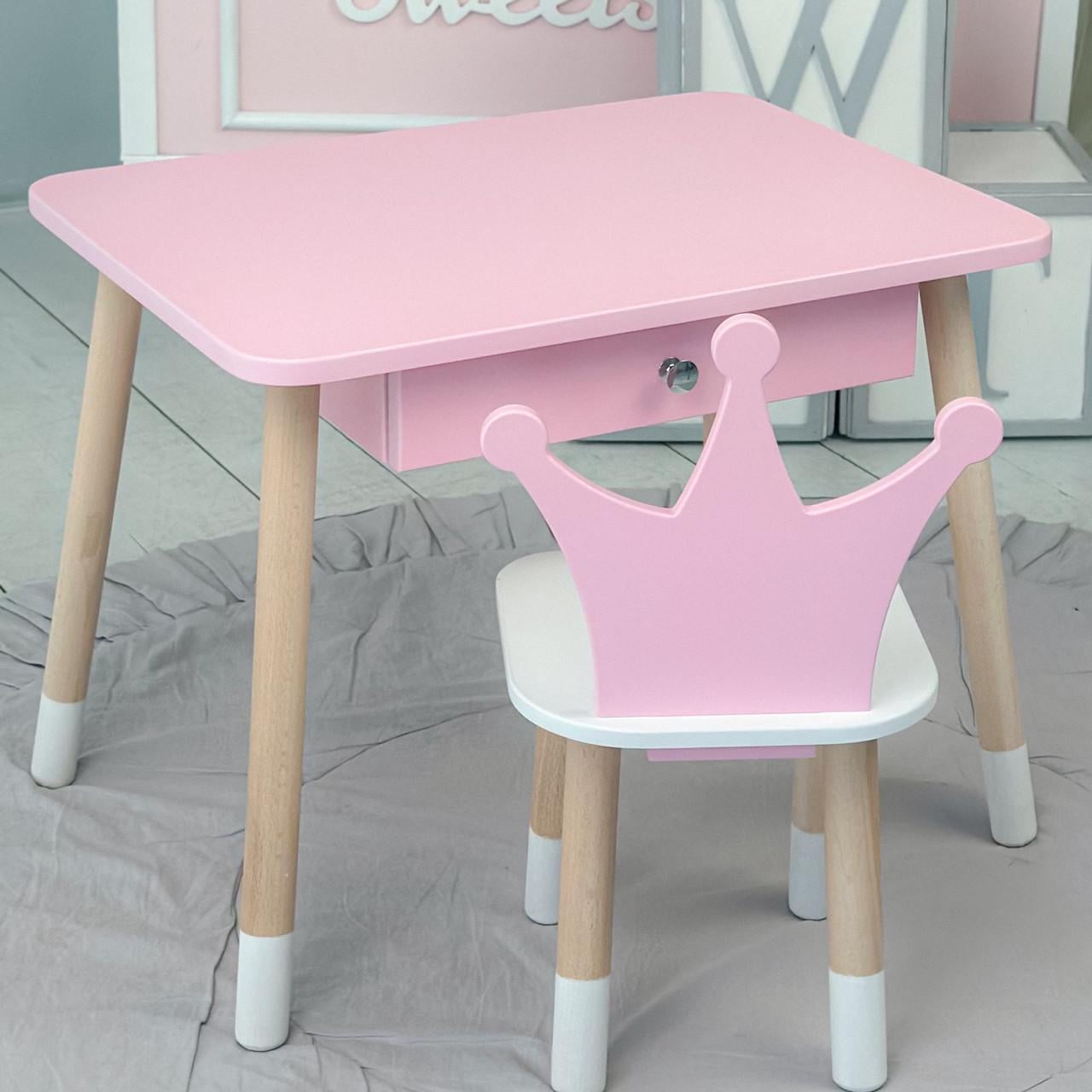 Детский столик и стульчик корона с ящиком для карандашей и раскрасок Розовый