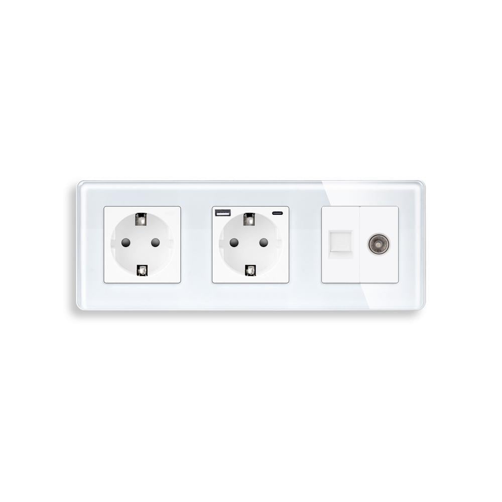 Розетка ELIOS с USB 20Вт интернет RJ-45/ТВ выходом с заземлением/шторками 250В 16А стеклянная рамка Белый (TW-M3FGACCAT6PTY-WT)