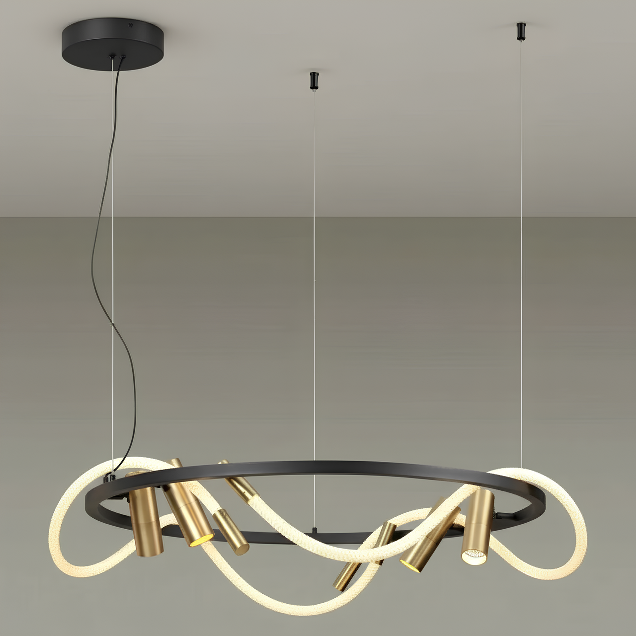 Люстра светодиодная Valeso с каркасом-кольцом на четыре спота и гибким рассеивателем 4000K 36W Черный/Золотой (THD63815-5)